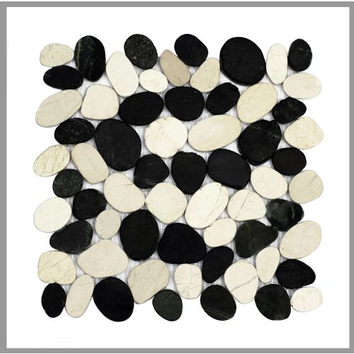 1 Mosaik-Fliese - K-553 - Black and White Cut - Boden-Design - Mosaikfliesen - Naturstein - Kieselsteinmosaik